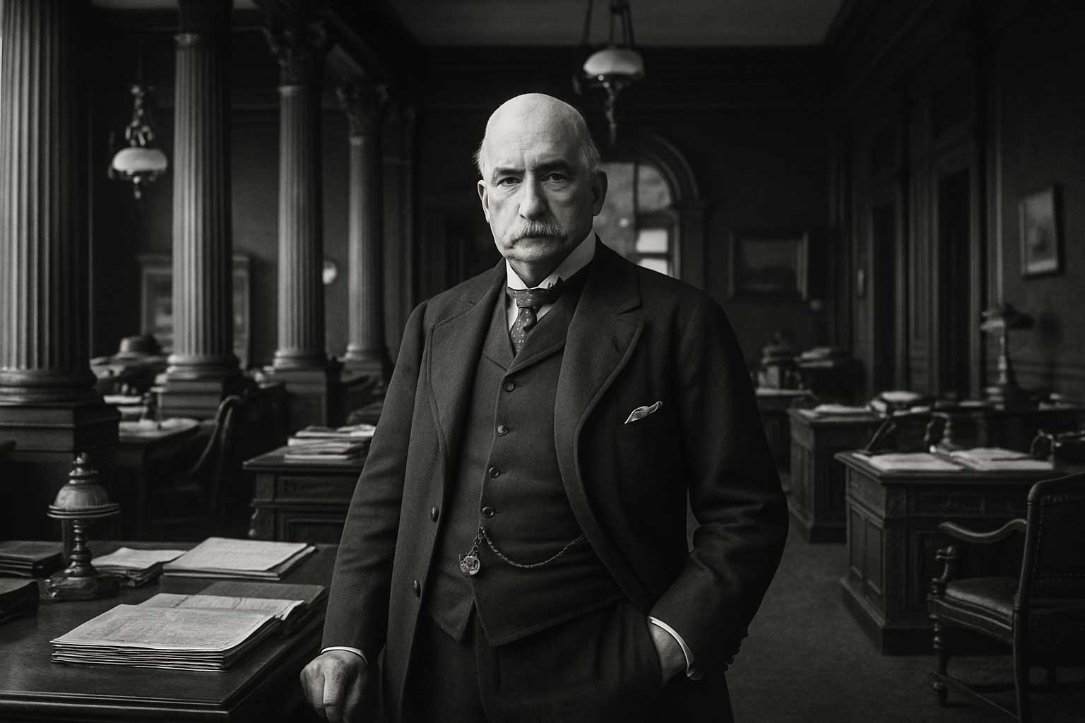 J.P. Morgan portrait at Wall Street-era financial office